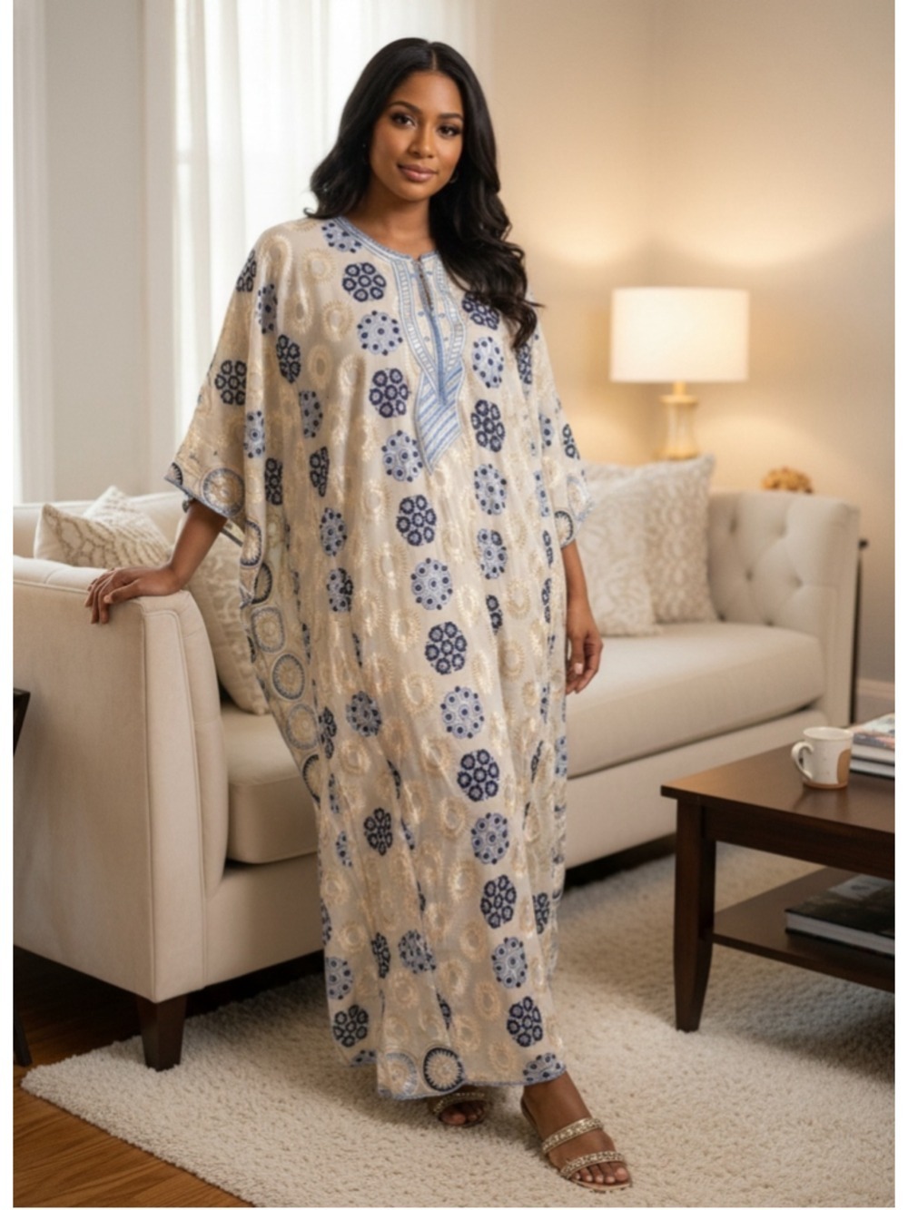 India Kaftan Dress and Matching Bottoms, Size M/L, Beige & Blue